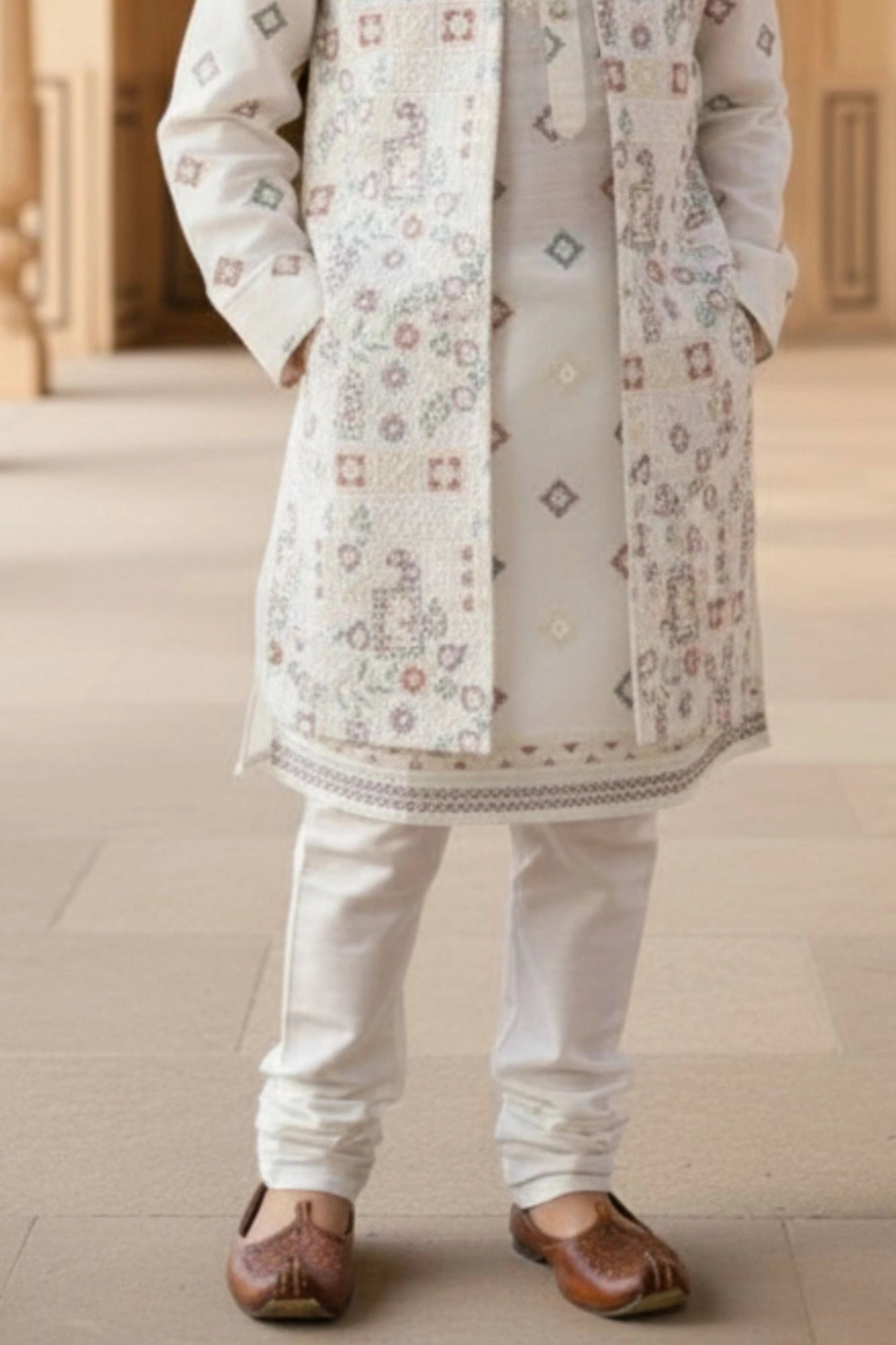 Cream Embroidered Sherwani Set with Jacket For Boys