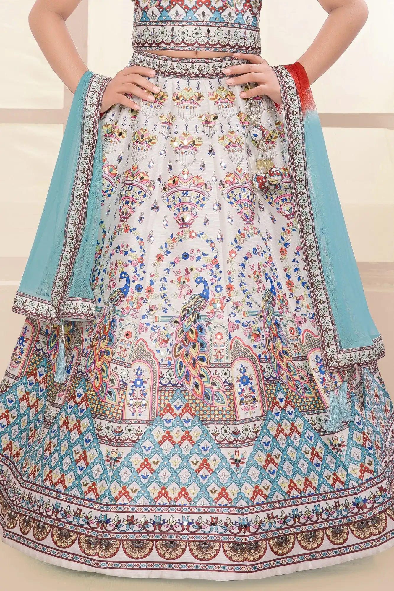 Ivory Multicolor Peacock Printed Lehenga Choli Set For Girls