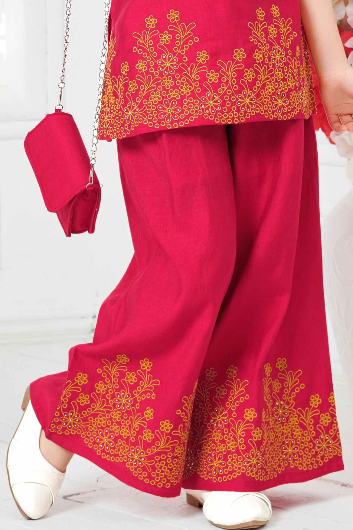 Rani Pink Floral Printed Palazzo Set With Sling Bag For Girls