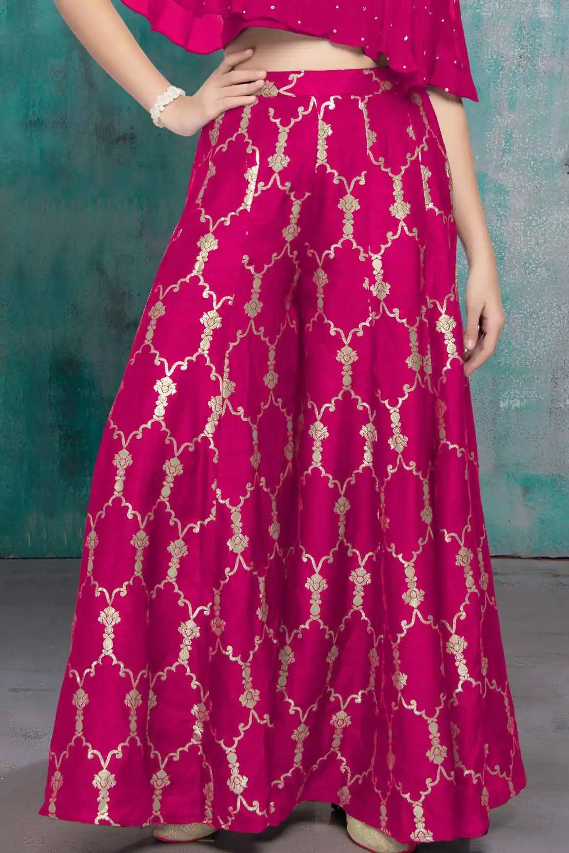Rani Pink One-Shoulder Cape Top With Gold Foil Print Palazzo Set For Girls