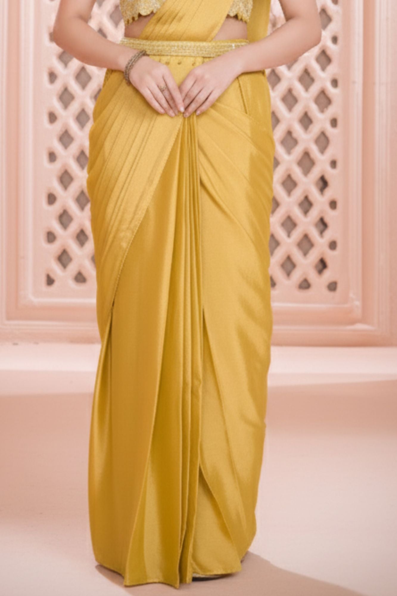 Designer Mustard Yellow Pre Draped Saree with Embellished Blouse For Girls
