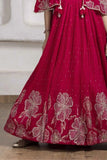 Crimson Red Floral Embroidered Cape Gown For Girls