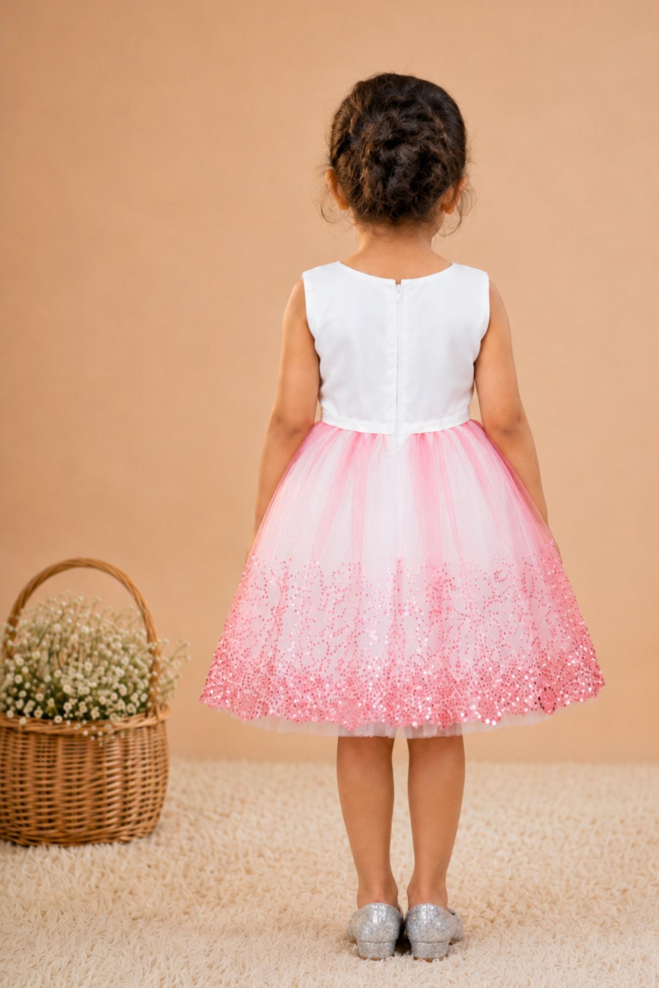 Gajri Pink Sequin Party Wear Frock with Bow For Girls