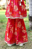 Red Floral Printed Sharara Set with Embroidered Yoke and Tassel Tie-Ups For Girls