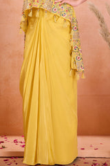 Yellow Embroidered Top With Draped Dhoti Skirt Set For Girls