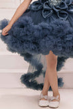 Teal Blue Tailback Frock With Floral Embellishments For Girls