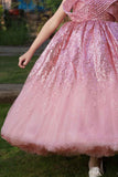 Onion Pink Sequin Ball Gown With Crossover Bow For Girlss