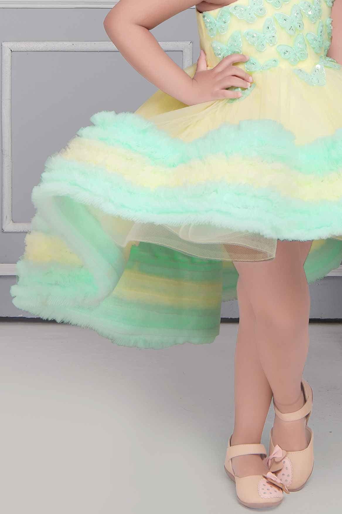 Designer Net Yellow And Green Frock With Butterfly Embellishments For Girls - Lagorii Kids