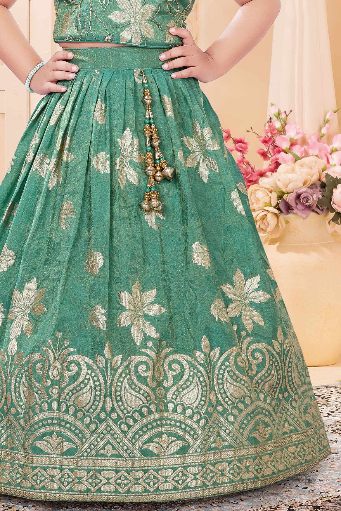 Green Floral Brocade Lehenga Choli Set For Girls
