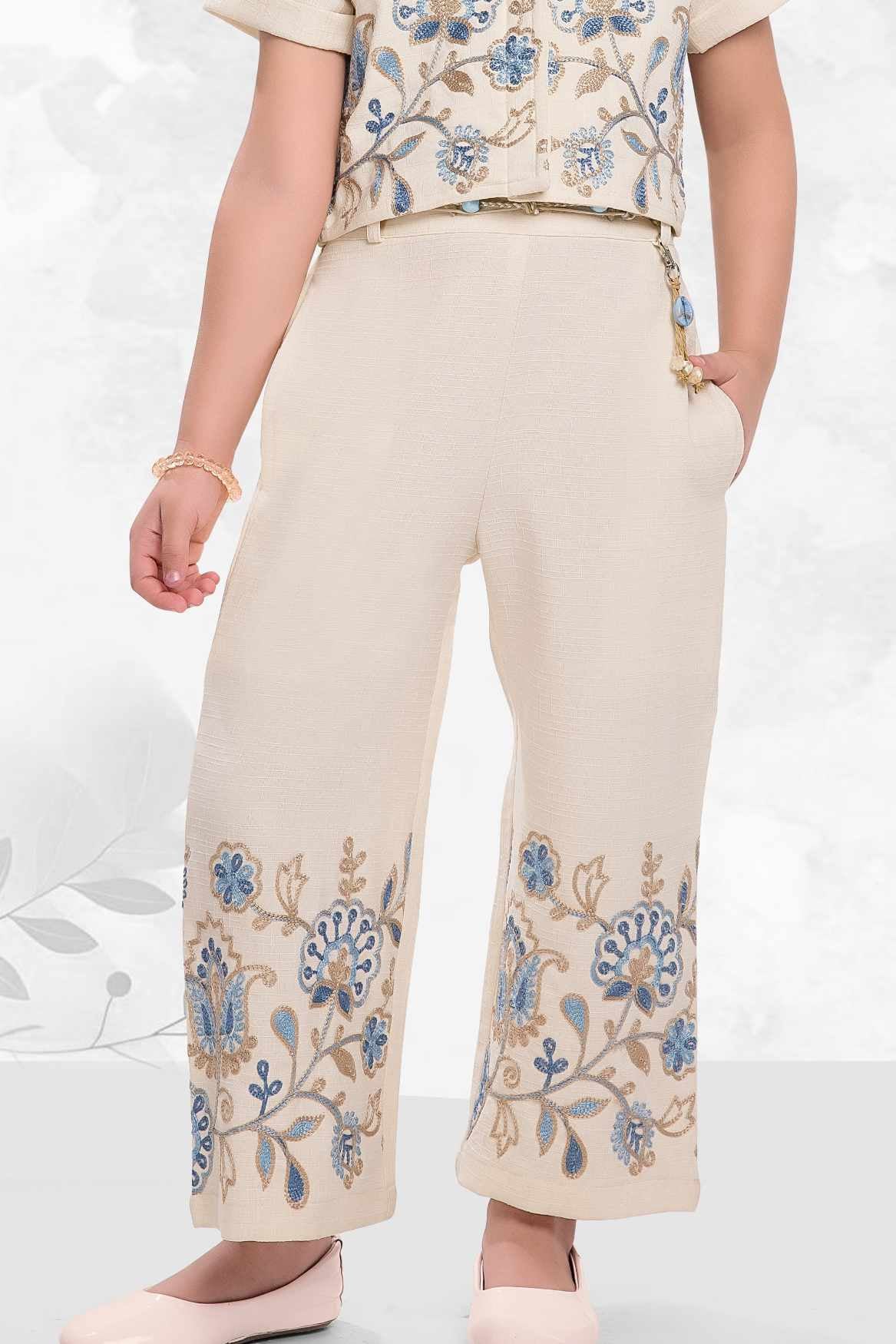 Beige Floral Embroidered Crop Top And Palazzo Set For Girls