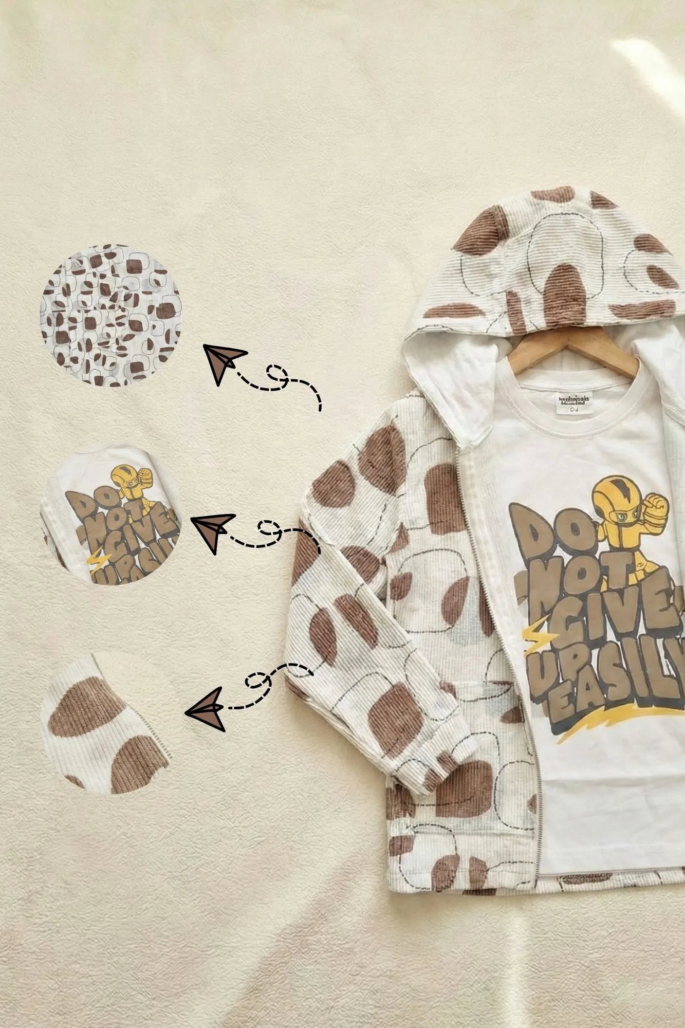 White And Brown Graphic Print T-Shirt & Printed Hooded Zipper Jacket Set For Boys