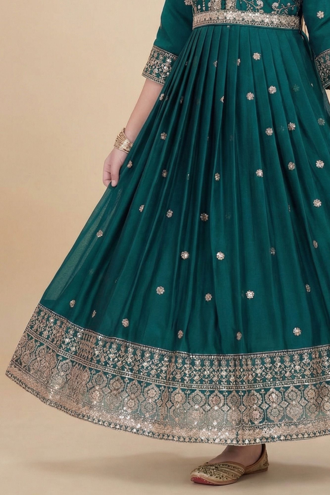 Bottle Green Sequins Work And Zari Embroidered Ethnic Gown For Girls