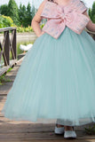 Designer Green Gown Embellished With Peach Bow - Lagorii Kids