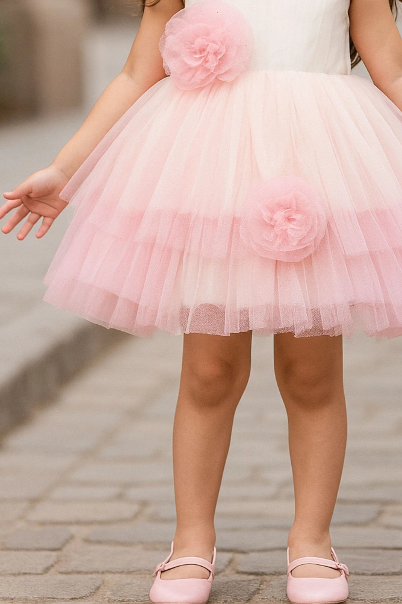Pink & White Embellished Party Wear Frock with Floral Appliqué For Girls