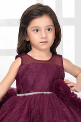 Wine Sleeveless And Floral Embellished Tail Back Frock For Girls