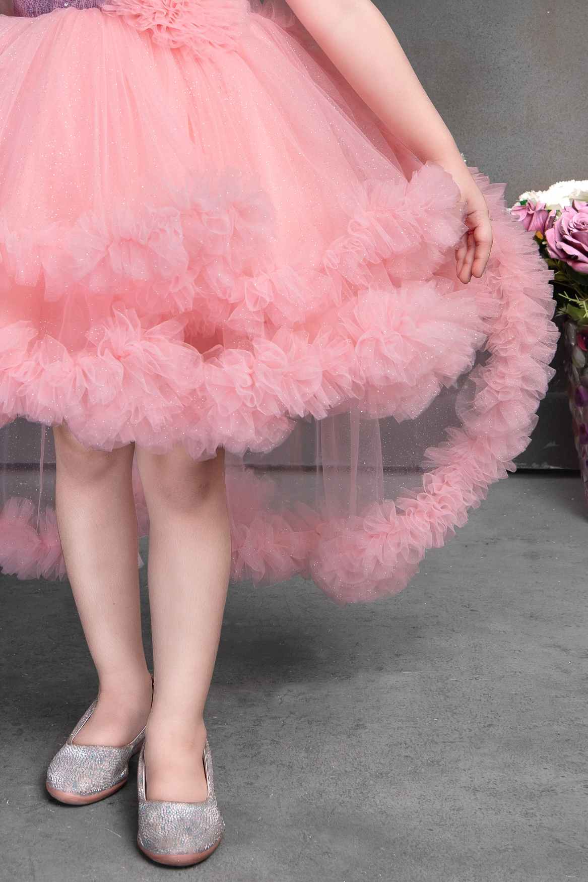 Peach Sequin Partywear Net Tailback Frock For Girls
