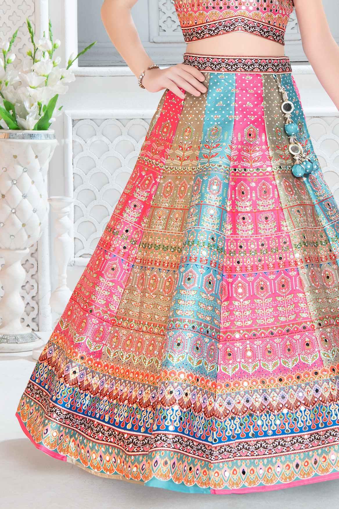 Multicolor Mirror Work Lehenga Choli Set For Girls - Lagorii Kids