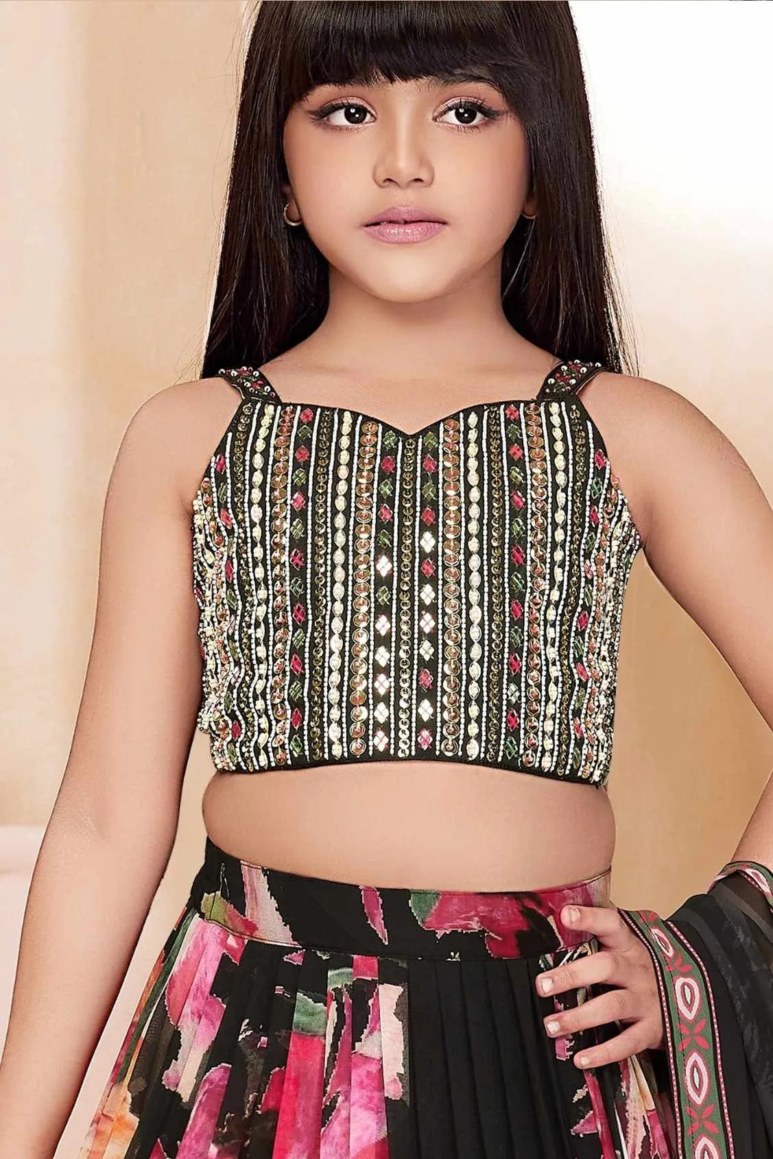 Black Floral Printed Lehenga Choli Set for Girls