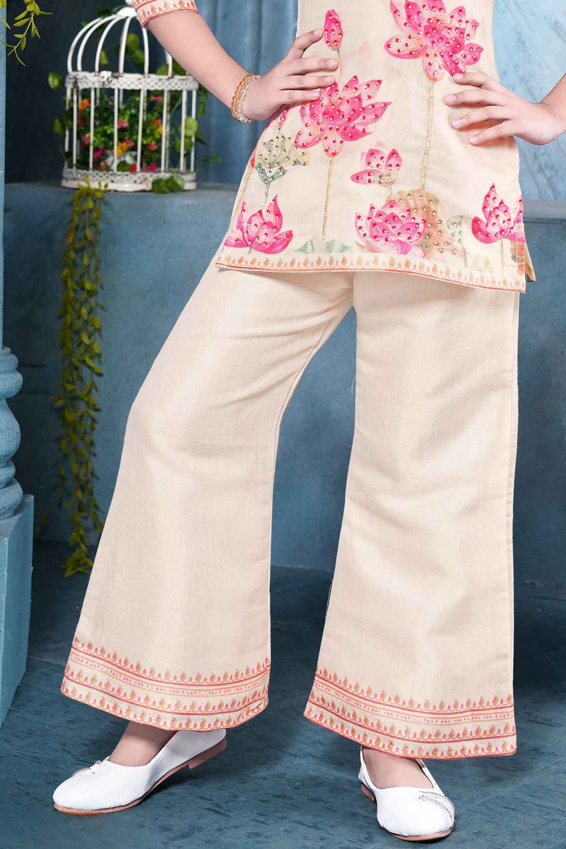 Beige Floral Printed and Sequins Work Palazzo Set For Girls