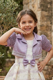 Cream Floral Party Frock with Lavender Bead-Work Shrug & Bow Waist Accent For Girls