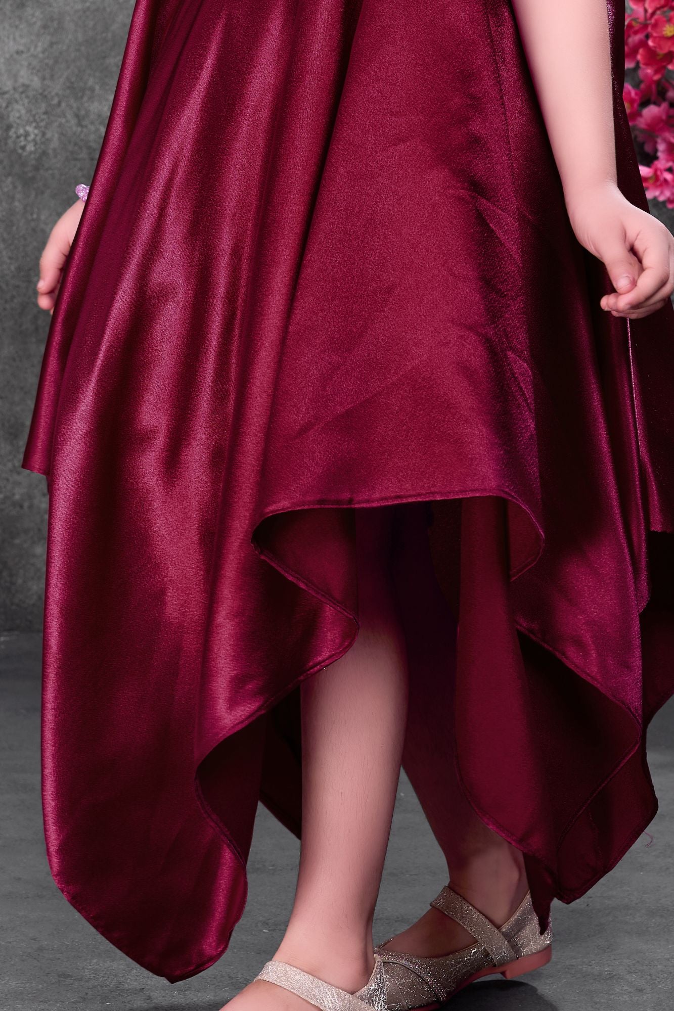 Wine Party Wear High-Low Frock with Bow Detail For Girls
