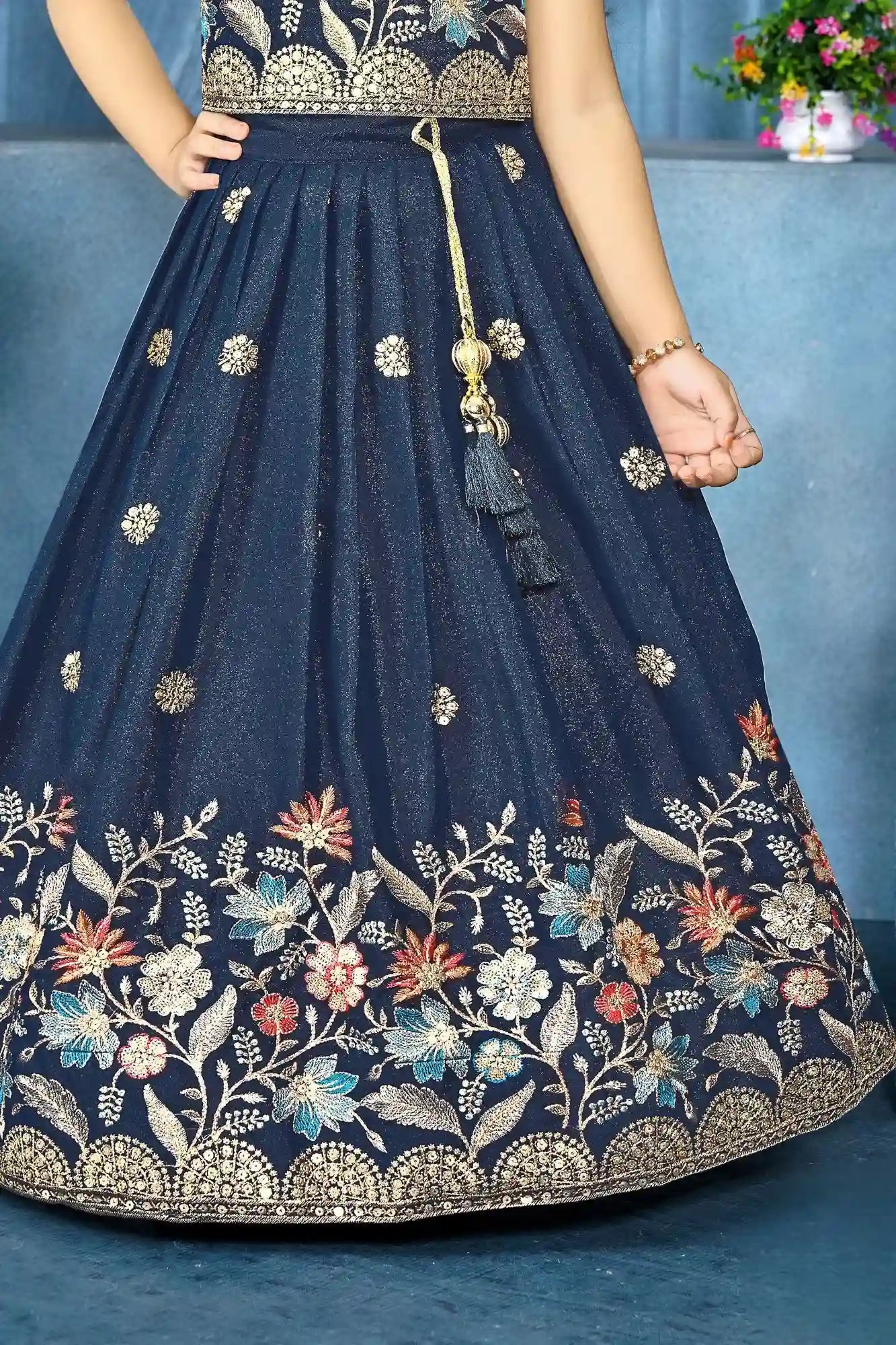 Navy Blue Floral Embroidered Lehenga Choli Set For Girls