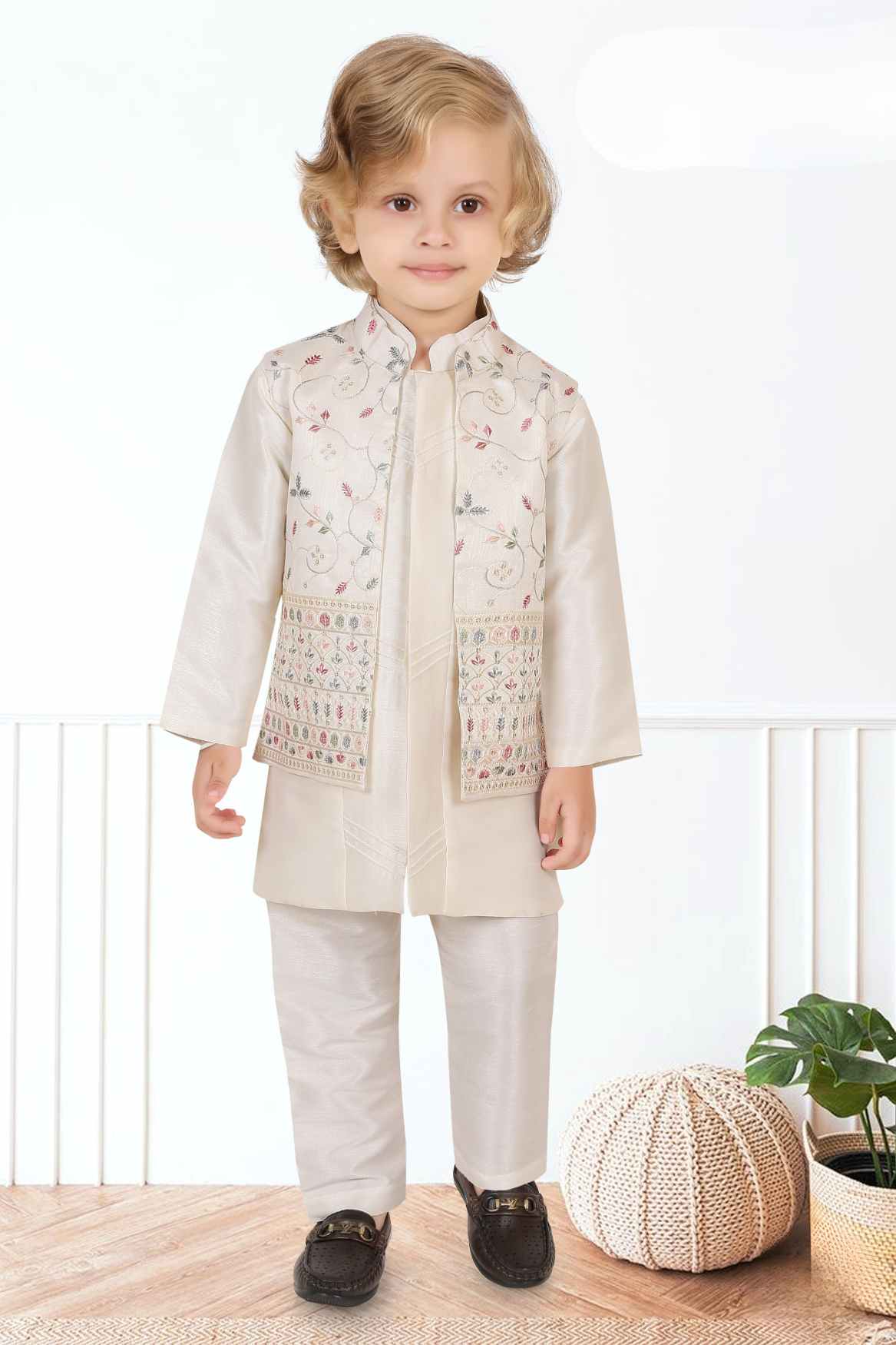 Cream Thread Embroidery And Sequins Work Kurta Set With Waist Coat Set For Boys