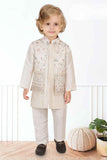 Cream Thread Embroidery And Sequins Work Kurta Set With Waist Coat Set For Boys