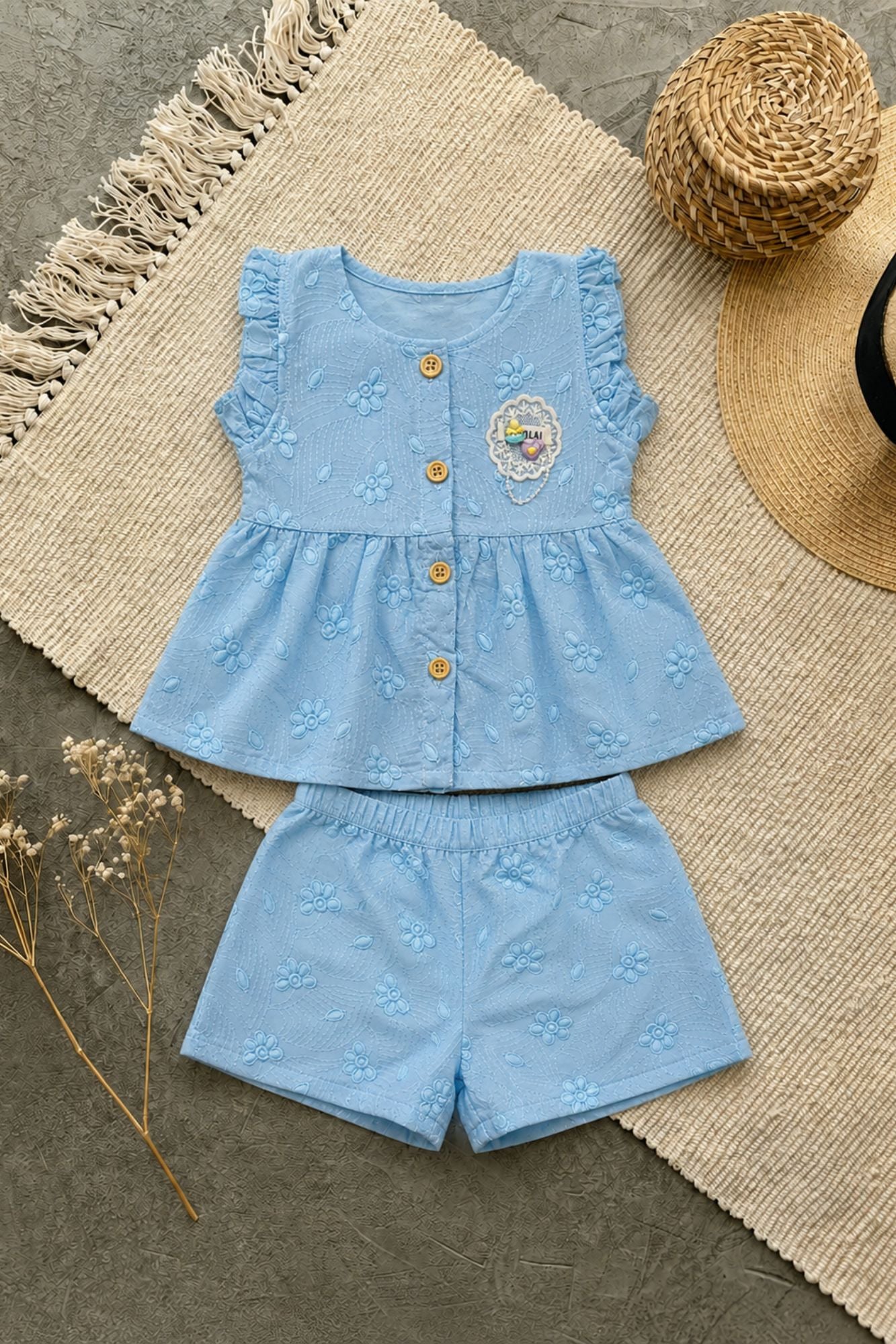 Charming Girls Sky Blue Textured Top & Shorts Set with Ruffle Details