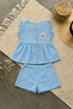 Charming Girls Sky Blue Textured Top & Shorts Set with Ruffle Details