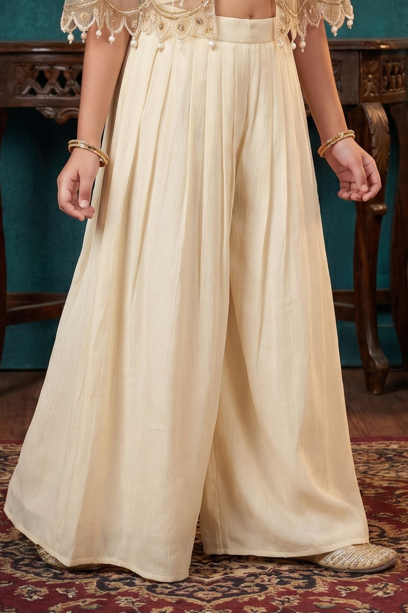 Cream Embroidered Cape Style Palazzo Set For Girls With Designer Jacket