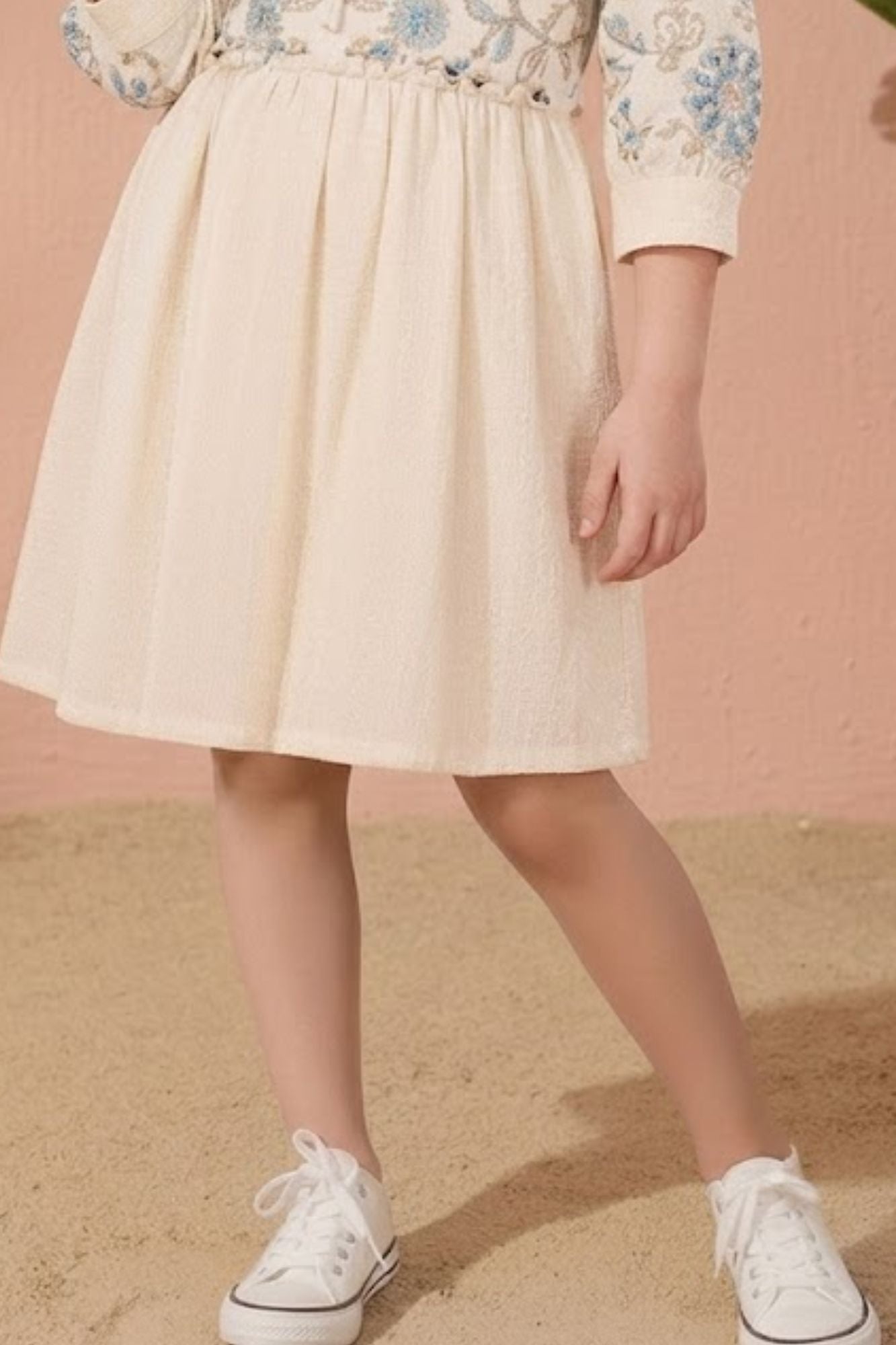 Beige Floral Embroidered Midi Dress For Girls