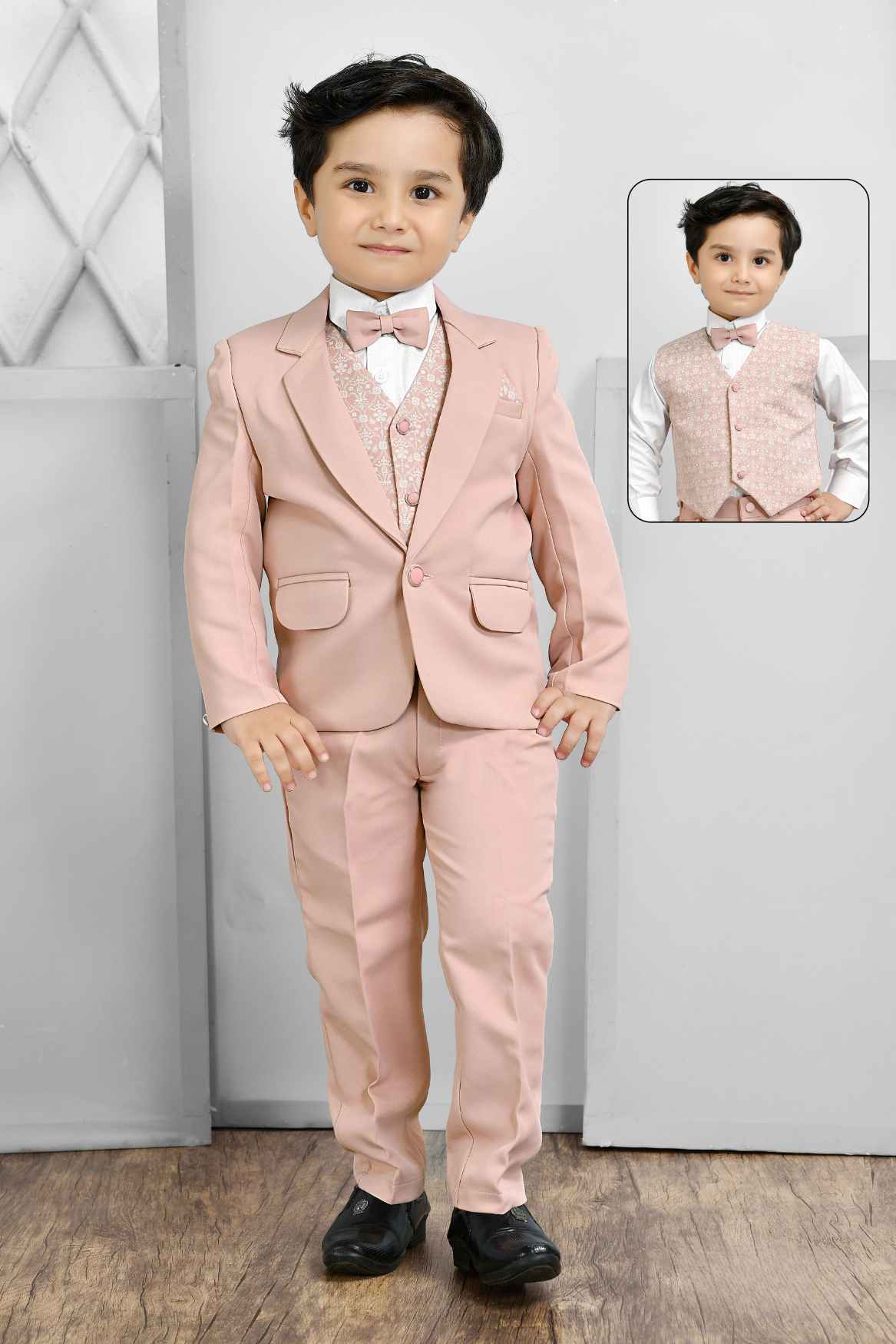 Classic Peach Four Pc Suit With White Shirt And Bow Coat Set For Boys