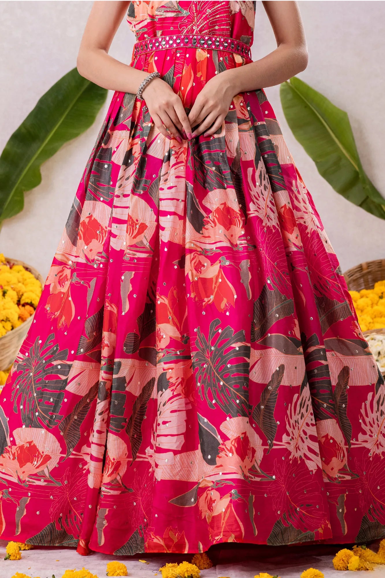 Rani Pink Gown With Printed And Mirror Work For Girls
