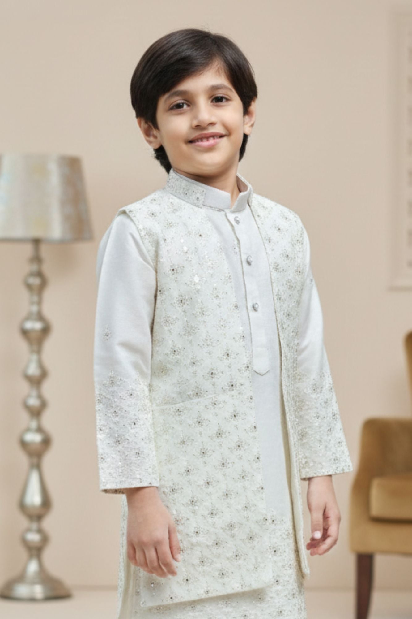 Cream Sequins Embroidered Kurta Pajama Set with Ethnic Jacket for Boys