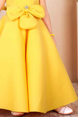 Lemon Yellow Sleeveless And Floral Embellishment Gown For Girls