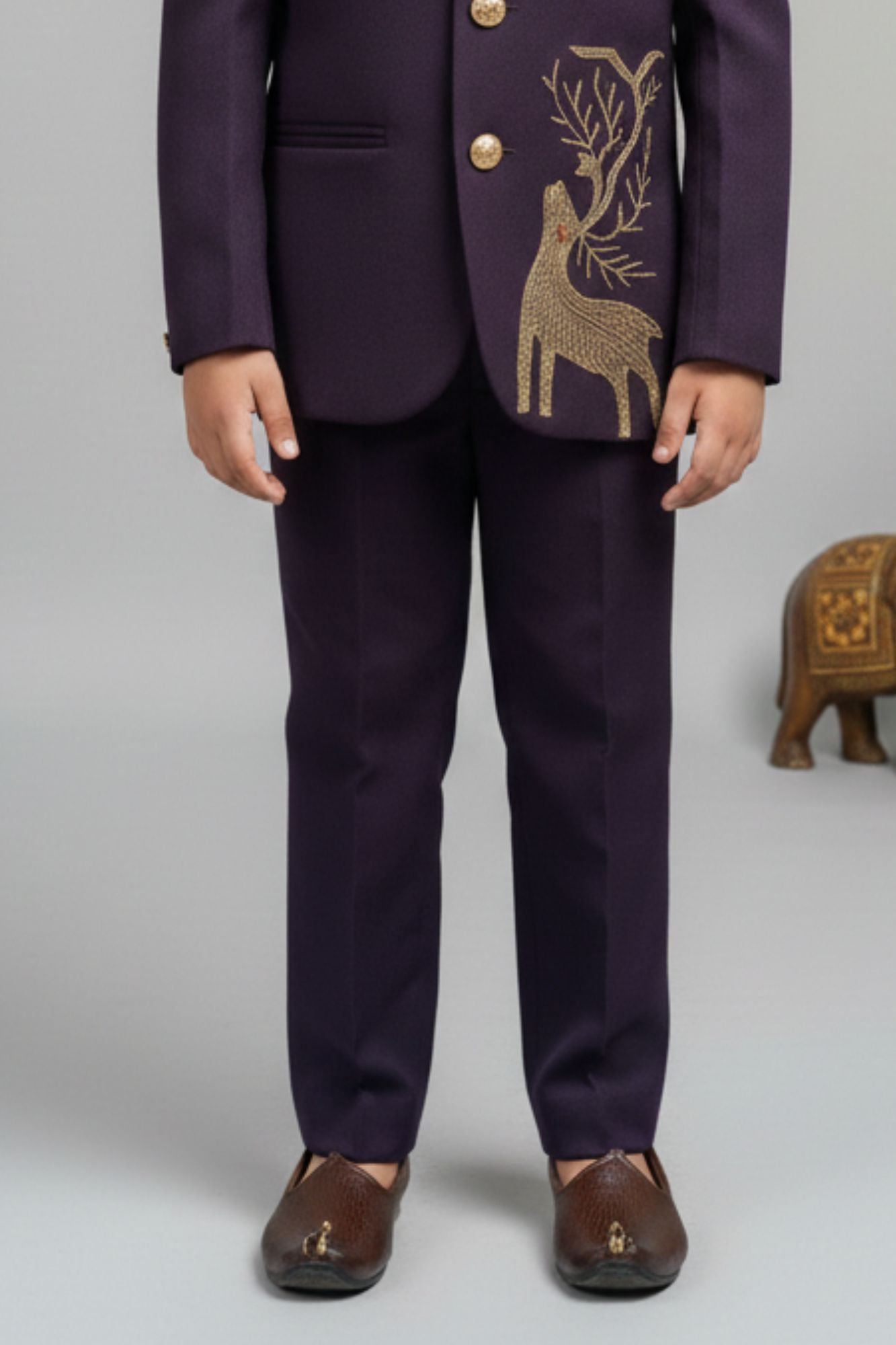 Designer Plum Purple Jodhpuri Suit Set With Royal Deer Motif For Boys