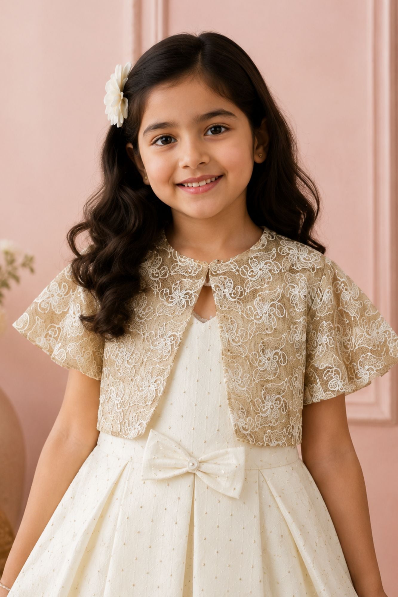 Ivory Embellished Party Frock with Lace Shrug and Bow Detail