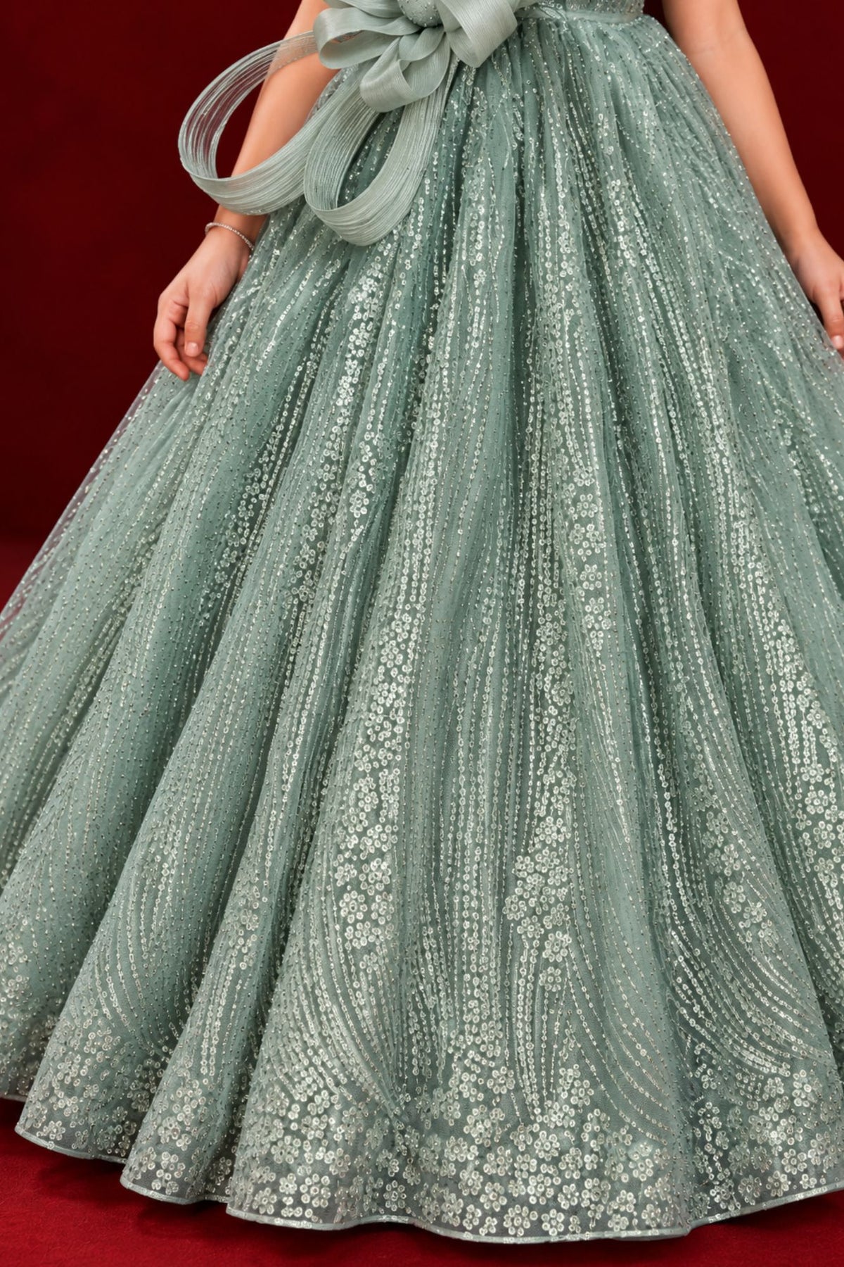 Girls Sage Green Sequin Bow Party Wear Gown