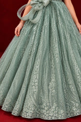 Girls Sage Green Sequin Bow Party Wear Gown