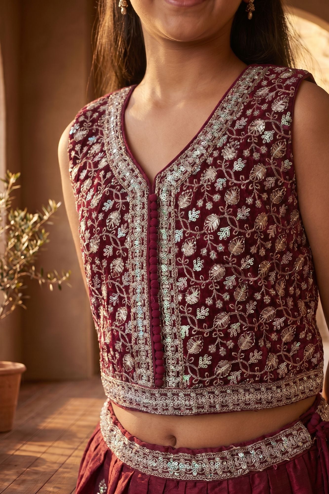 Girls Maroon Floral Embroidered Ethnic Lehenga Choli Set with Dupatta