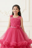 Rani Pink Layered Net Party Gown with Floral Ruffle Hem For Girls