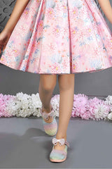 Pink Satin Frock With Floral Printed And Stone Work For Girls