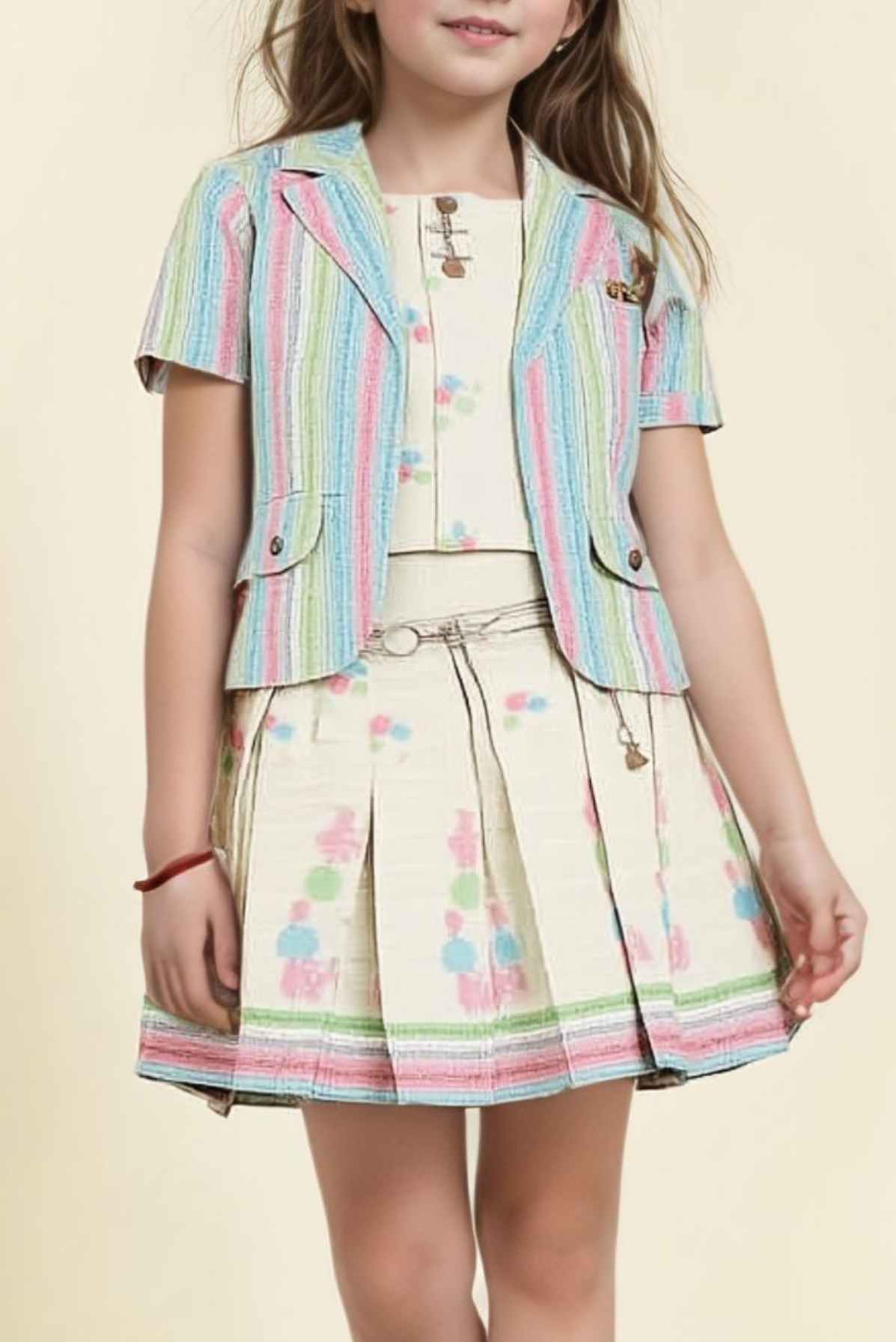 Multicolor Top And Pleated Skirt  Set With Striped Overcoat For Girls