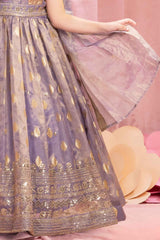 Ethnic Purple Brocade Gown With Sequin Embroidery For Girls