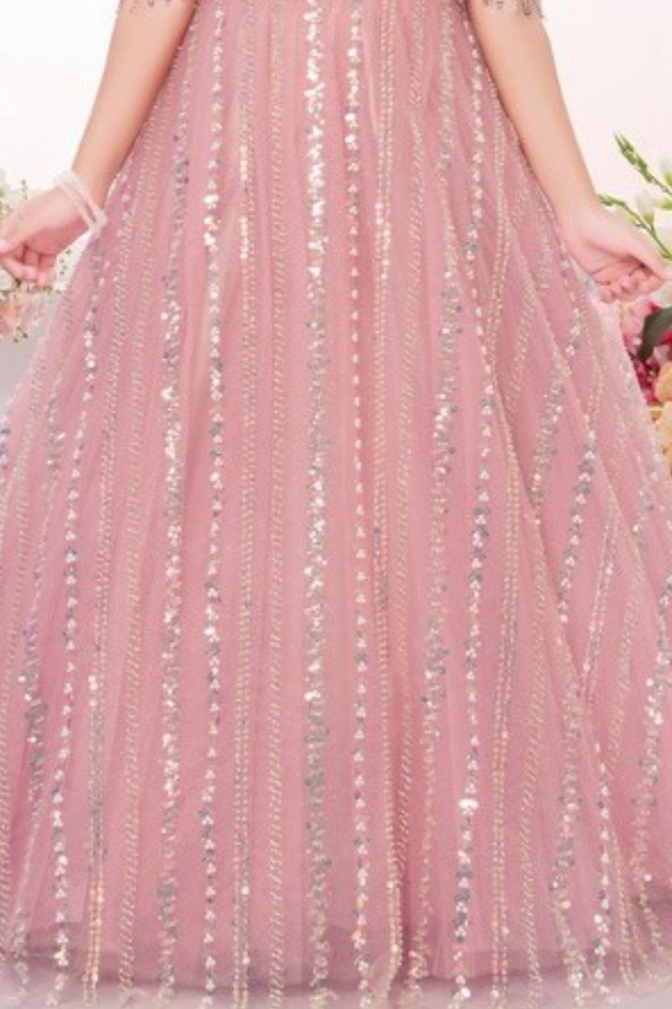 Dusty Pink Net Embroidered Princess Gown For Girls