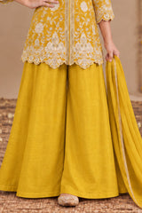 Mustard Yellow Zari Embroidered Palazzo Set For Girls