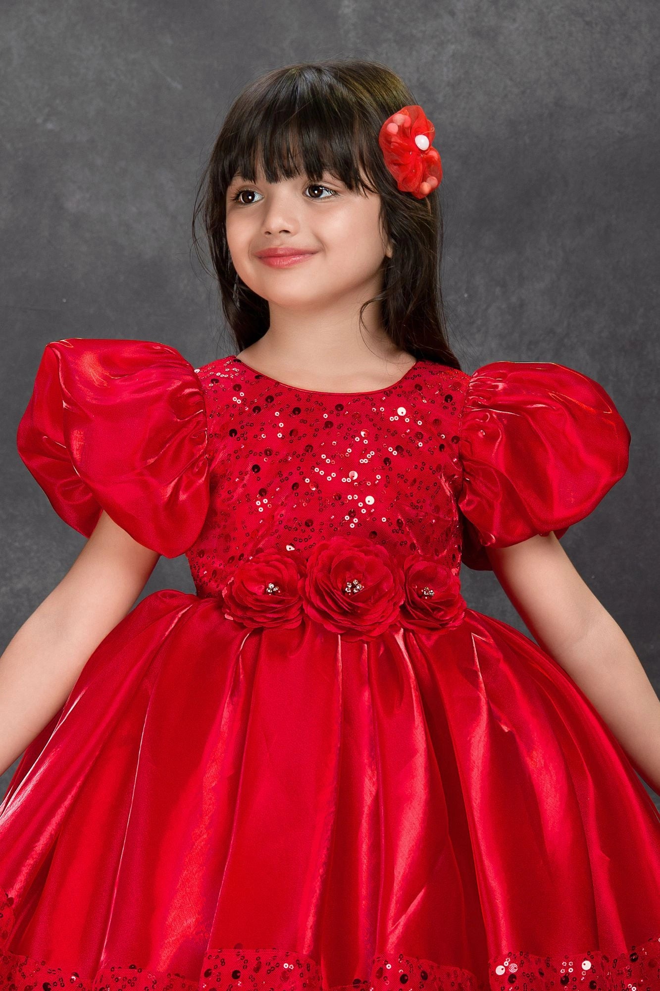 Red Sequin Party Wear Frock with Puffy Sleeves and Floral Waist Detail For Girls
