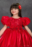 Red Sequin Party Wear Frock with Puffy Sleeves and Floral Waist Detail For Girls