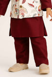 Maroon Kurta Set With Cream Floral Printed And Thread Work Jacket For Boys